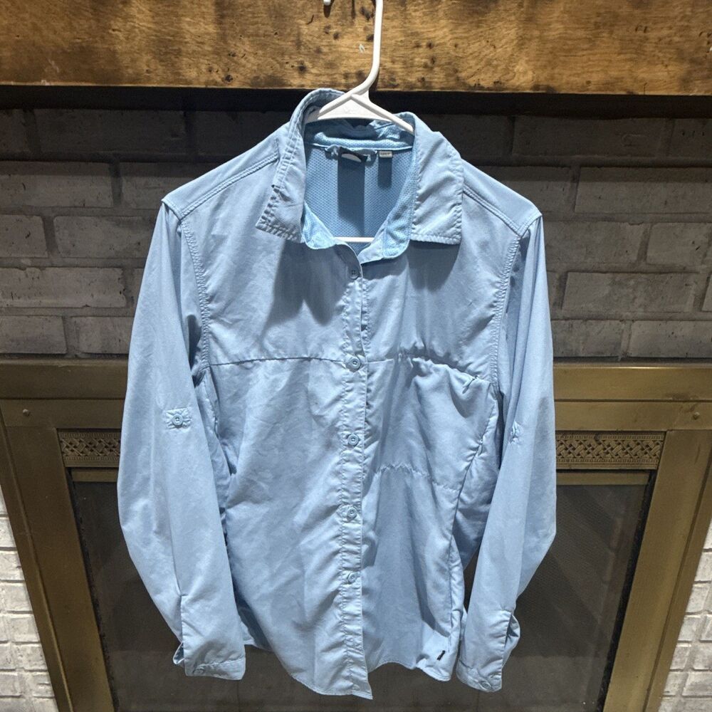 REI Women’s Blue Full button shirt Logo Solid Nylon Shell Polyester Lined Sz XL